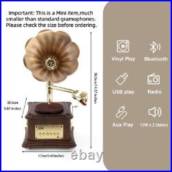 Mini Gramophone Vintage Copper Horn Record Player with Bluetooth, USB, AUX, F
