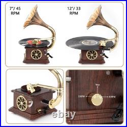Mini Gramophone Vintage Copper Horn Record Player with Bluetooth, USB, AUX, F