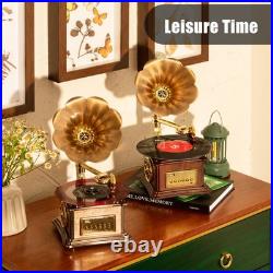 Mini Gramophone Vintage Copper Horn Record Player with Bluetooth, USB, AUX, F