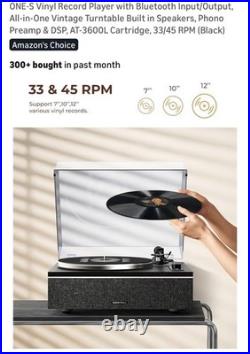 ONE-S Vinyl Record Player with Bluetooth Input/Output, All-in-One Vintage Black