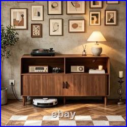 Record Player Stand with Charging Station with2 Sliding Tambour Doors Holds 300 CD