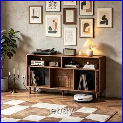Record Player Stand with Charging Station with2 Sliding Tambour Doors Holds 300 CD