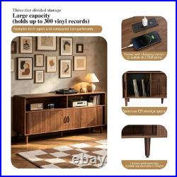 Record Player Stand with Charging Station with2 Sliding Tambour Doors Holds 300 CD