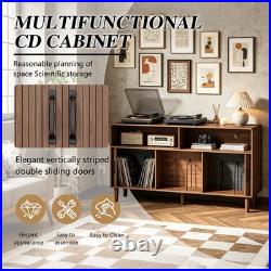 Record Player Stand with Charging Station with2 Sliding Tambour Doors Holds 300 CD