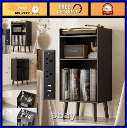Record Player Stand with Record Storage and Charging Station, Black
