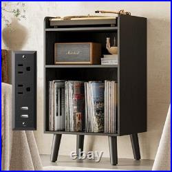Record Player Stand with Record Storage and Charging Station, Black
