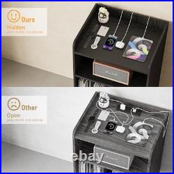 Record Player Stand with Record Storage and Charging Station, Black