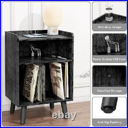 Record Player Stand with Record Storage and Charging Station, Black