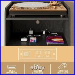 Record Player Stand with Record Storage and Charging Station, Black
