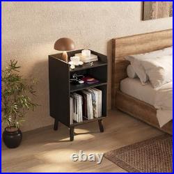 Record Player Stand with Record Storage and Charging Station, Black
