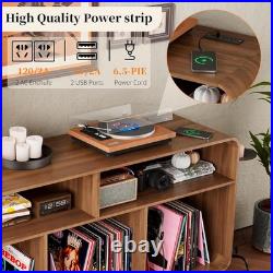Record Player Stand with Vinyl Storage Cabinet with Charging Station & USB Ports