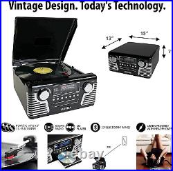 Retro Bluetooth Record Player Built-in Speakers 3-Speed Turntable AM FM CD Black