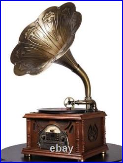 Retro Record Player Turntable All-in-One Vintage Gramophone Copper Horn USB