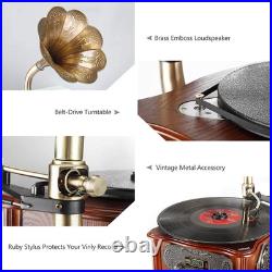 Retro Record Player Turntable Vintage Phonograph Copper Horn Built-In Speaker