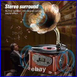 Retro Record Player Turntable Vintage Phonograph Copper Horn Built-In Speaker