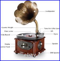 Retro Record Player Turntable Vintage Phonograph Copper Horn Built-In Speaker