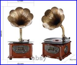 Retro Record Player Turntable Vintage Phonograph Copper Horn Built-In Speaker