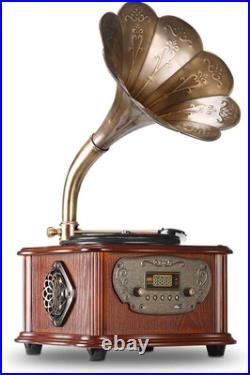 Retro Record Player Turntable Vintage Phonograph Copper Horn Built-In Speaker