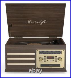Retrolife 10-in-1 Turntable CD Cassette BT USB/TF Vinyl Recorder AM/FM Brown AUX
