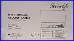 Retrolife 10-in-1 Turntable CD Cassette BT USB/TF Vinyl Recorder AM/FM Brown AUX