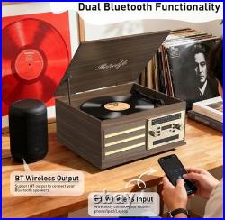 Retrolife 10-in-1 Turntable CD Cassette BT USB/TF Vinyl Recorder AM/FM Brown AUX