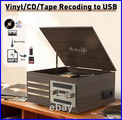 Retrolife 10-in-1 Turntable CD Cassette BT USB/TF Vinyl Recorder AM/FM Brown AUX