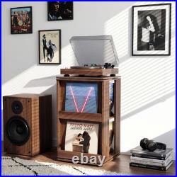 Swivel Record Player Stand with Storage Cabinet & Cover Holder