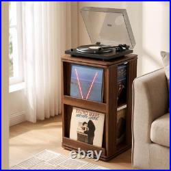 Swivel Record Player Stand with Storage Cabinet & Cover Holder
