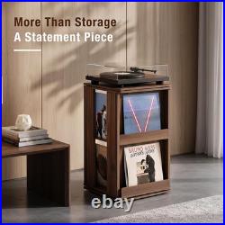 Swivel Record Player Stand with Storage Cabinet & Cover Holder