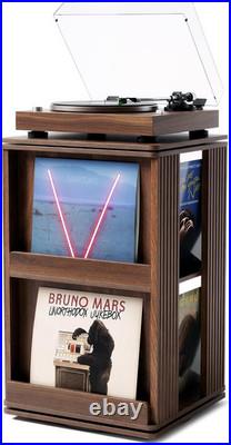 Swivel Record Player Stand with Storage Cabinet & Cover Holder