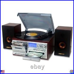 Vintage 10-in-1 Vinyl Record Player, Bluetooth, CD, Cassette, AM/FM, USB, Silver