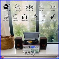 Vintage 10-in-1 Vinyl Record Player, Bluetooth, CD, Cassette, AM/FM, USB, Silver