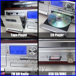 Vintage 10-in-1 Vinyl Record Player, Bluetooth, CD, Cassette, AM/FM, USB, Silver