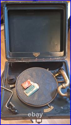 Vintage Antique Victrola Suitcase Record Player Hand Crank Portable Phonograph