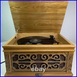 Vintage Crosley Wooden Record Player With 2 Records Johnny Cash & Elvis Presley