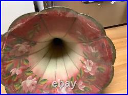 Vintage Edison Phonograph Record Player Horn 11 Panel Red Hand Painted Flowers