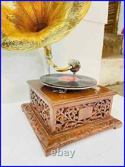 Vintage Gramophone Brass Functional Working Phonograph Wind Up Record Player