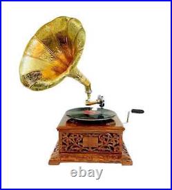 Vintage Gramophone Brass Functional Working Phonograph Wind Up Record Player