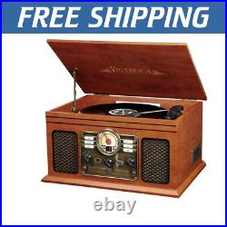Vintage Mahogany 6-in-1 Record Player with Bluetooth, CD, and Cassette Features Vintage Mahogany 6-in-1 Record Player with Bluetooth, CD, and Cassette Features