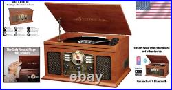 Vintage Mahogany 6-in-1 Record Player with Bluetooth, CD, and Cassette Features Vintage Mahogany 6-in-1 Record Player with Bluetooth, CD, and Cassette Features