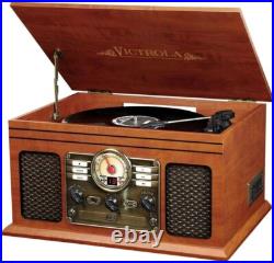 Vintage Mahogany 6-in-1 Record Player with Bluetooth, CD, and Cassette Features Vintage Mahogany 6-in-1 Record Player with Bluetooth, CD, and Cassette Features