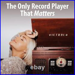 Vintage Mahogany 6-in-1 Record Player with Bluetooth, CD, and Cassette Features Vintage Mahogany 6-in-1 Record Player with Bluetooth, CD, and Cassette Features
