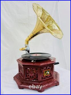 Vintage Style Handmade Gramophone Phonograph Record Player Working Wind-Up Home