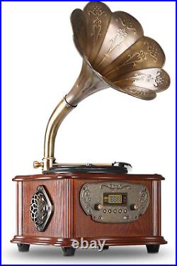 Vintage Vinyl Record Player with Built-in Speakers Copper Horn Design Portable Vintage Vinyl Record Player with Built-in Speakers Copper Horn Design Portable