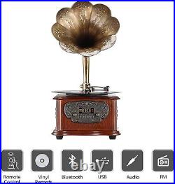 Vintage Vinyl Record Player with Built-in Speakers Copper Horn Design Portable Vintage Vinyl Record Player with Built-in Speakers Copper Horn Design Portable