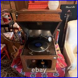 Vintage Wood Cabinet Phonograph Record Player with Horn & Lid, Acoustic Style