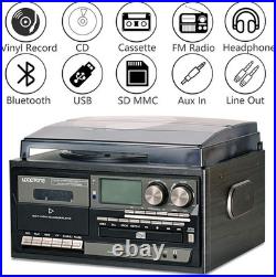 Vinyl Record Player 9-in-1 Bluetooth Turntable CD Cassette Player FM/AM Radio
