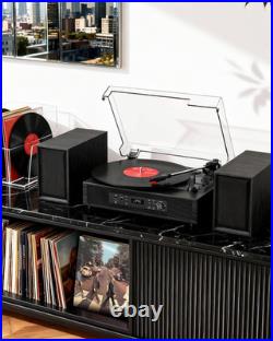 Vinyl Record Player with 4+2 External Stereo Speakers, Black (6 Speakers)
