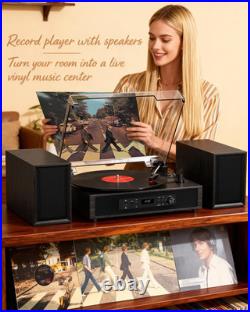 Vinyl Record Player with 4+2 External Stereo Speakers, Black (6 Speakers)