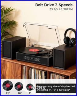 Vinyl Record Player with 4+2 External Stereo Speakers, Black (6 Speakers)